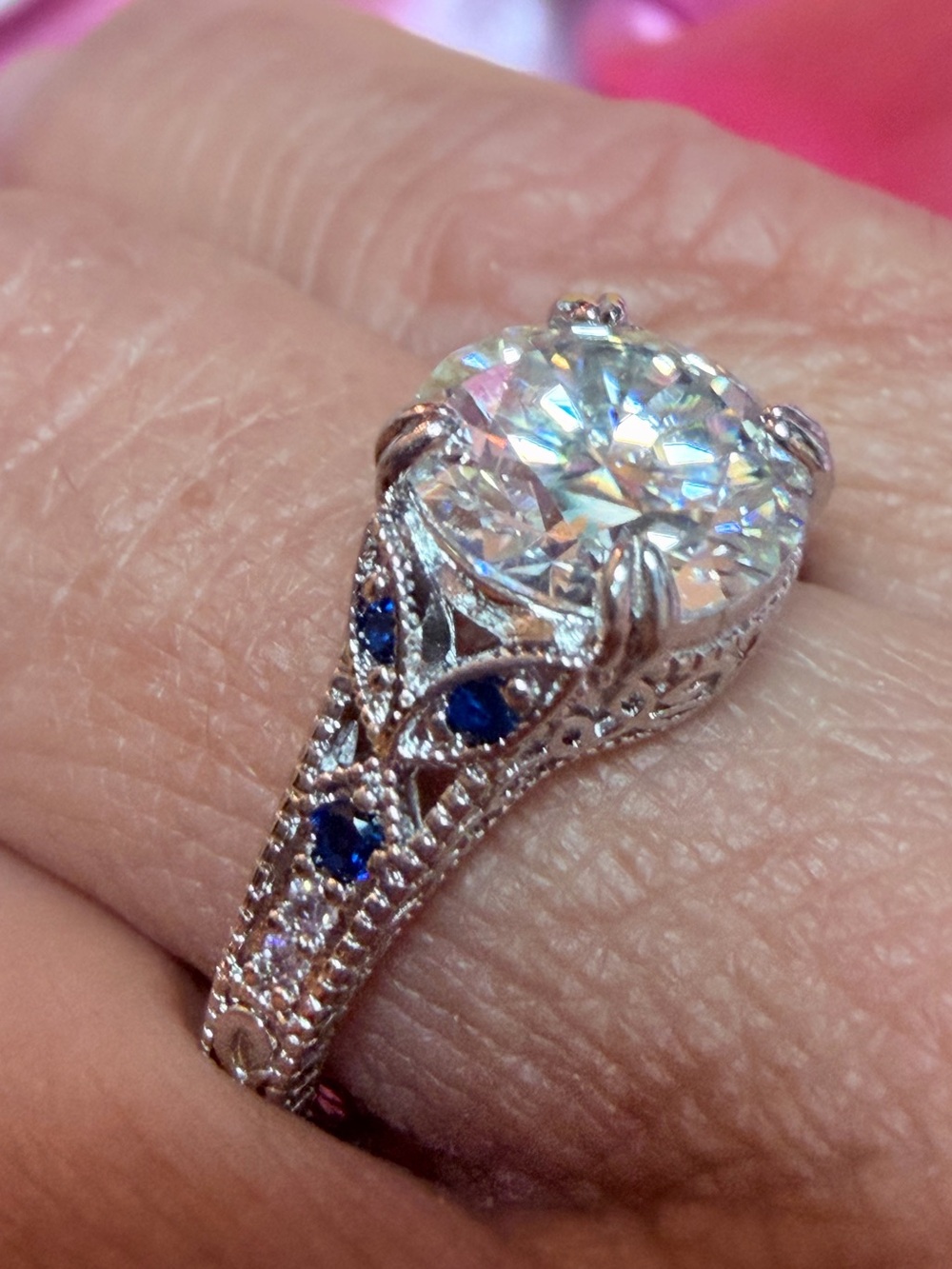 Gorgeous 3 Carat Moissanite Ring with Filigree Band and Blue Accent Stones